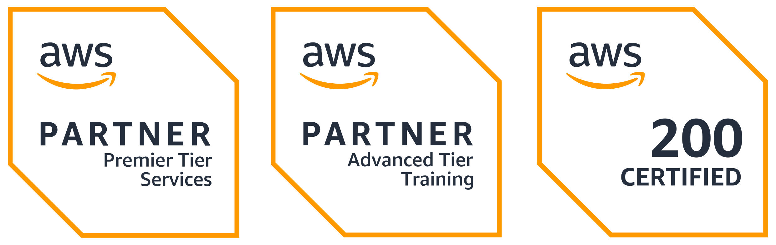 AWS Partner Badges – Premier Tier Services, Advanced Tier Training, 200 Certified